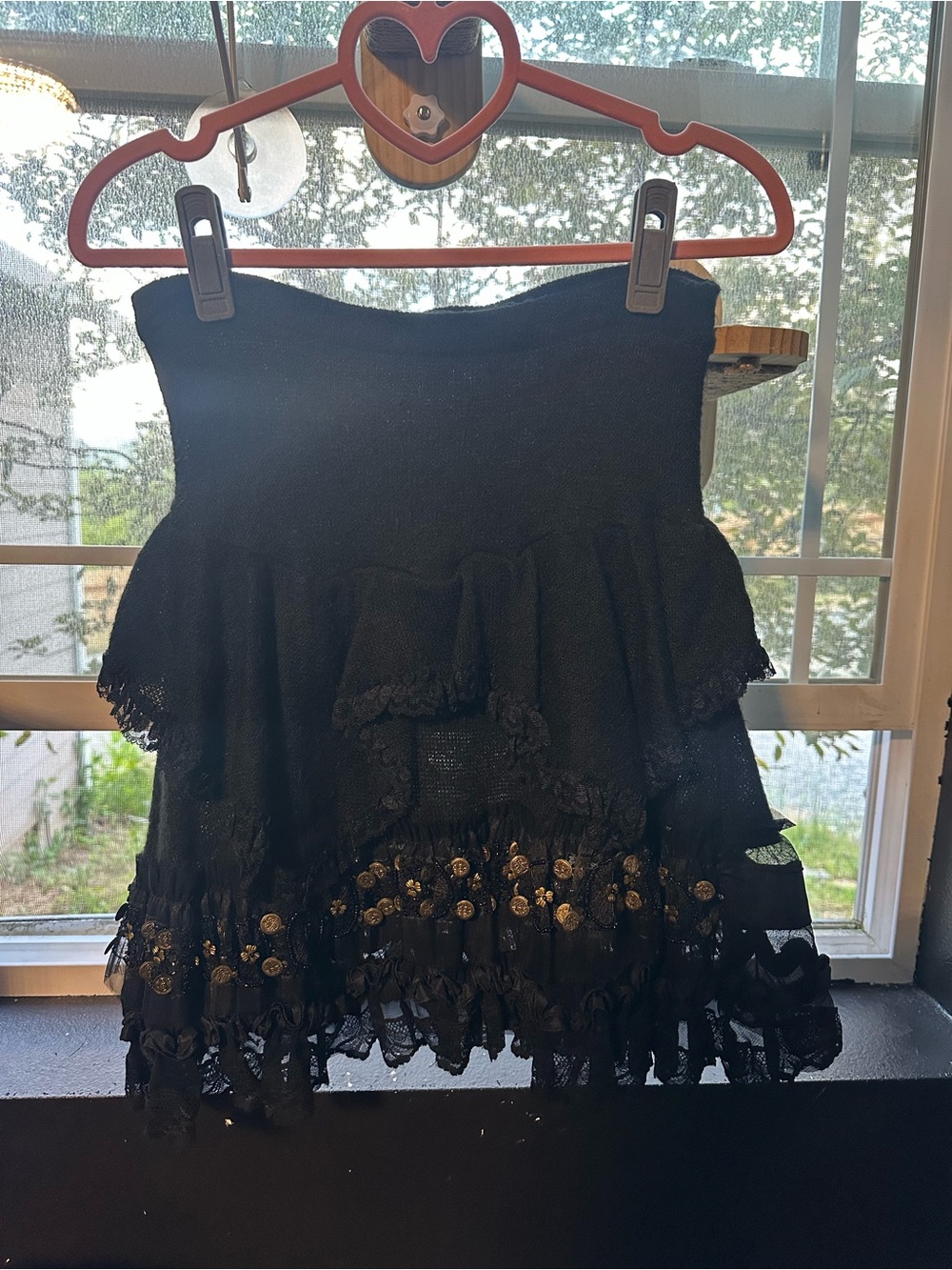 Black Tiered Lace Mini Skirt with Metallic Accent Trim